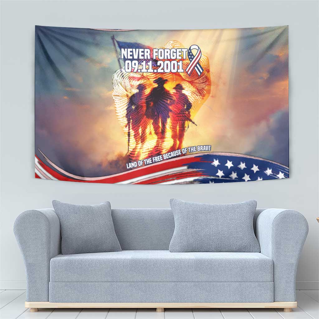 911 Memorial Patriot Day Tapestry American Flag and Soldier Tribute Never Forget - Wonder Print Shop
