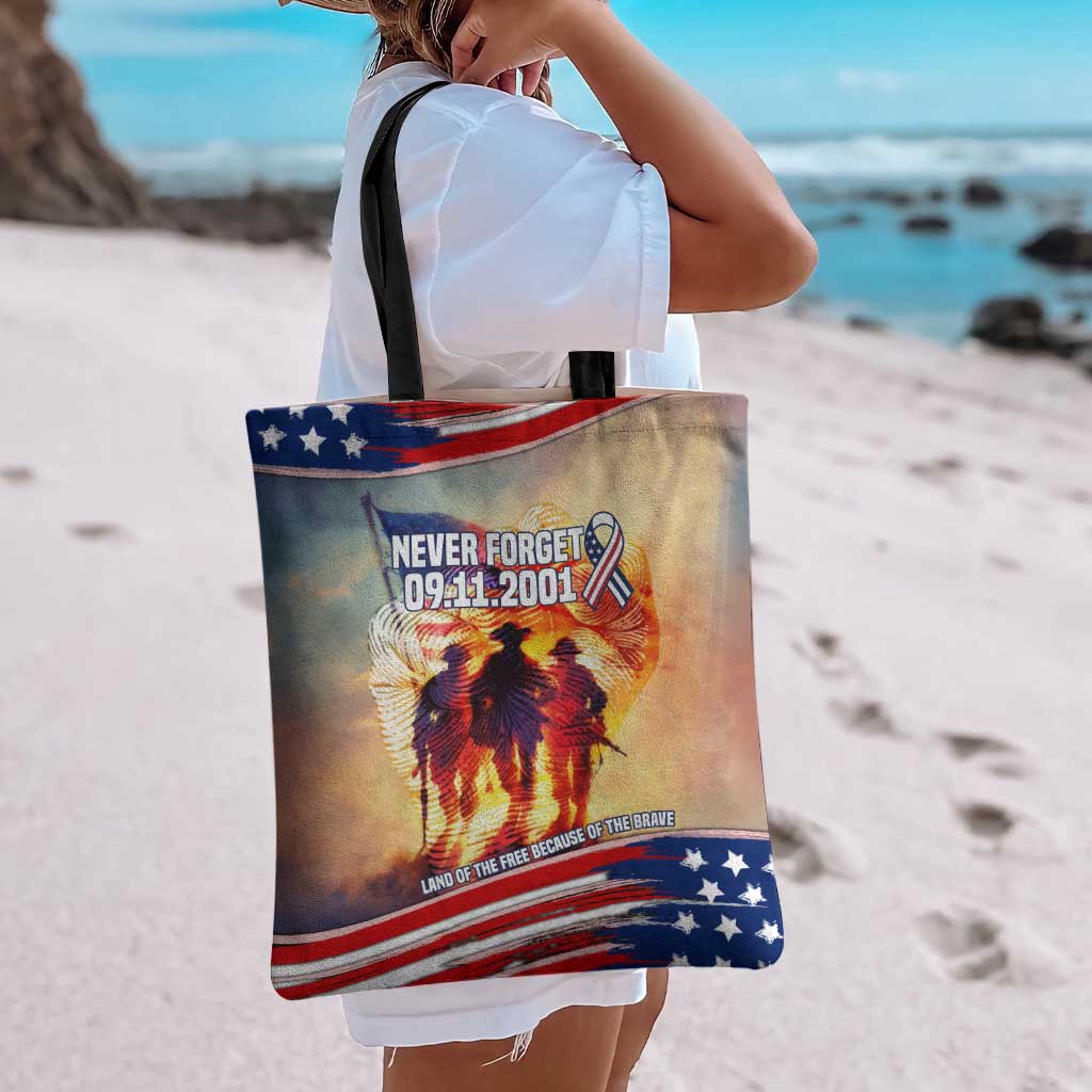 911 Memorial Patriot Day Tote Bag American Flag and Soldier Tribute Never Forget - Wonder Print Shop