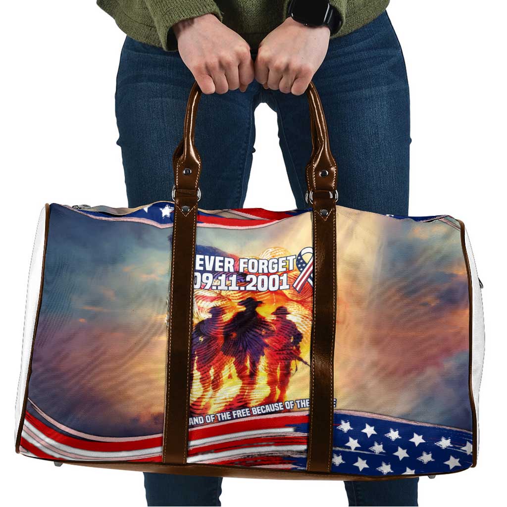 911 Memorial Patriot Day Travel Bag American Flag and Soldier Tribute Never Forget - Wonder Print Shop