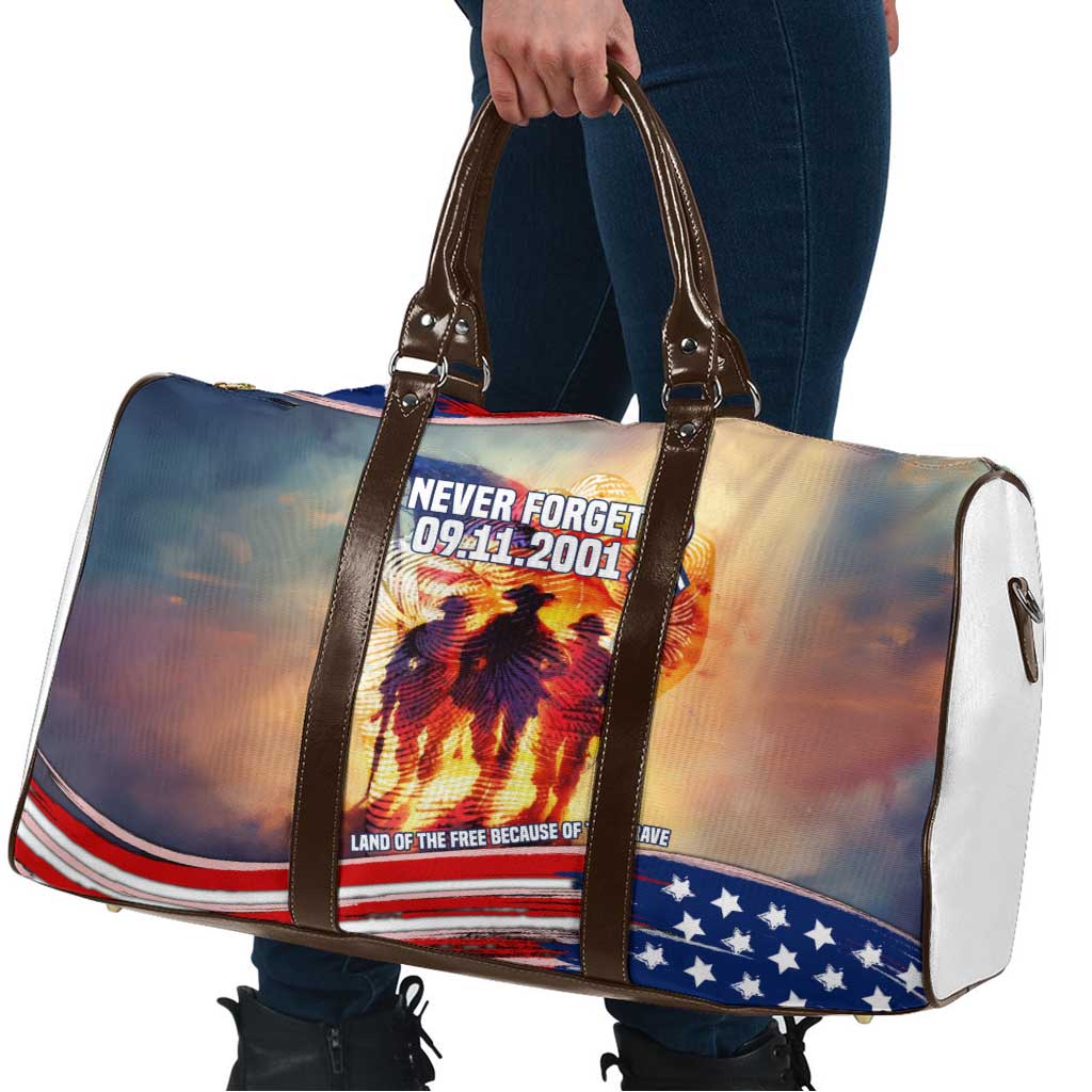 911 Memorial Patriot Day Travel Bag American Flag and Soldier Tribute Never Forget - Wonder Print Shop