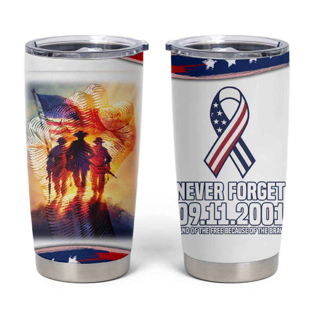 911 Memorial Patriot Day Tumbler Cup American Flag and Soldier Tribute Never Forget - Wonder Print Shop