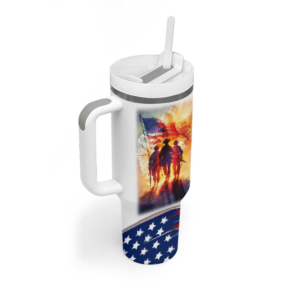 911 Memorial Patriot Day Tumbler With Handle American Flag and Soldier Tribute Never Forget - Wonder Print Shop
