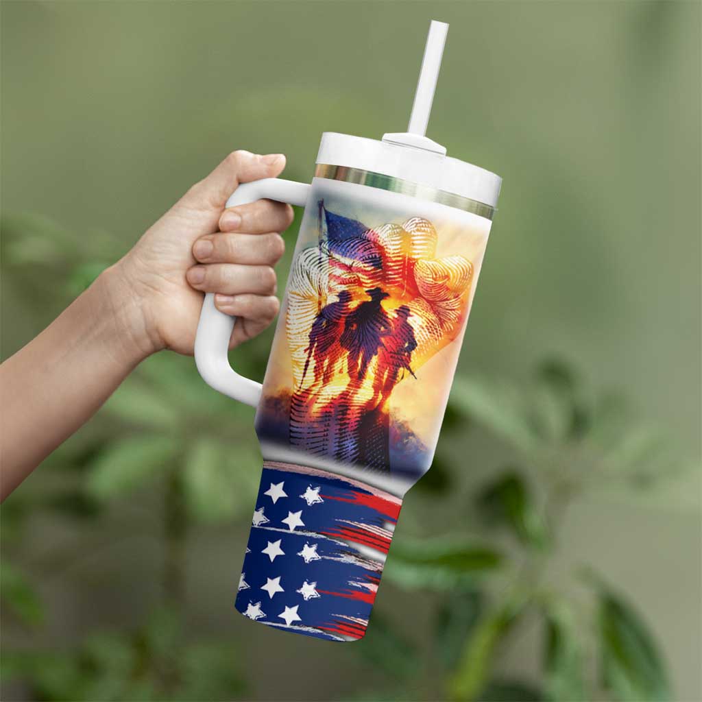 911 Memorial Patriot Day Tumbler With Handle American Flag and Soldier Tribute Never Forget - Wonder Print Shop