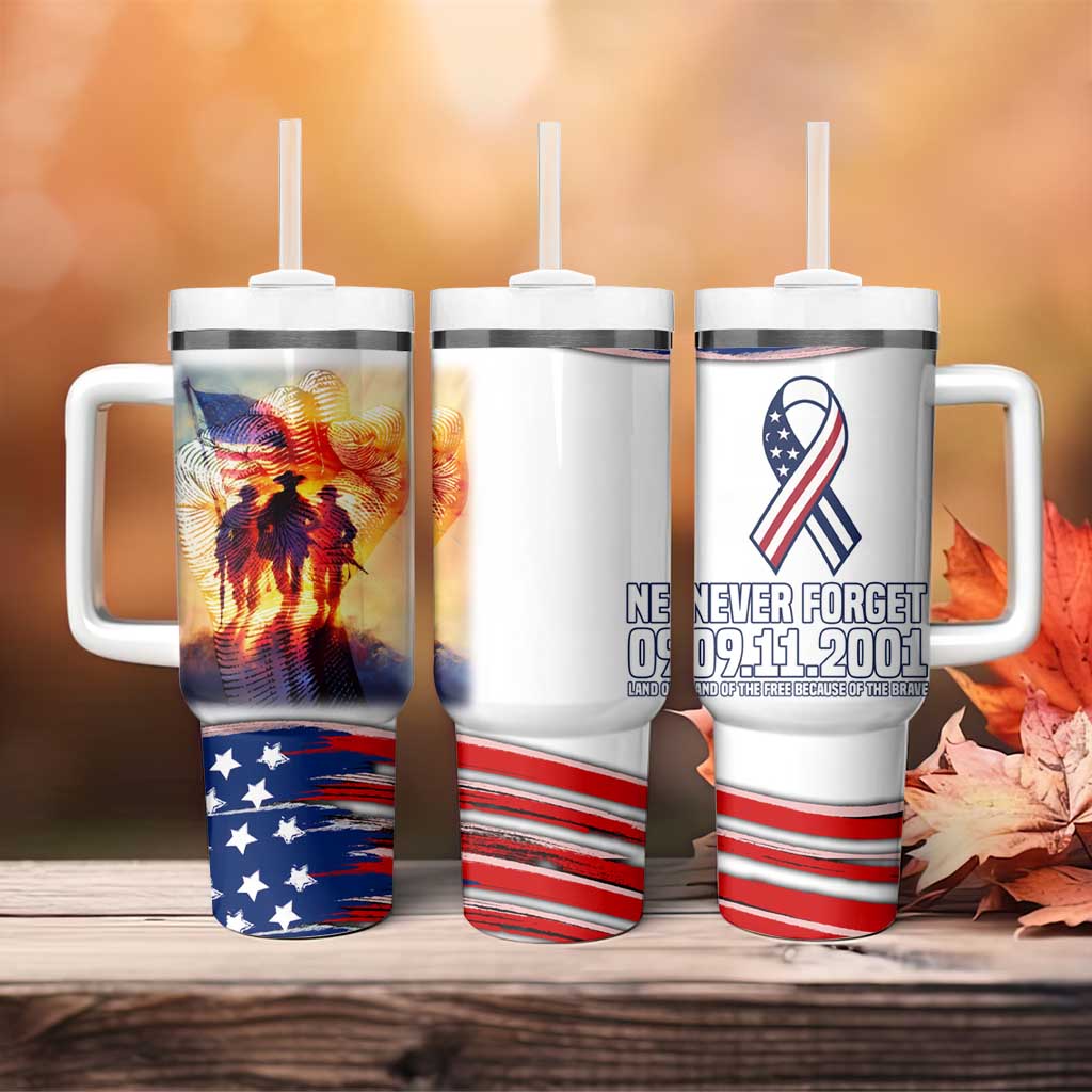 911 Memorial Patriot Day Tumbler With Handle American Flag and Soldier Tribute Never Forget - Wonder Print Shop