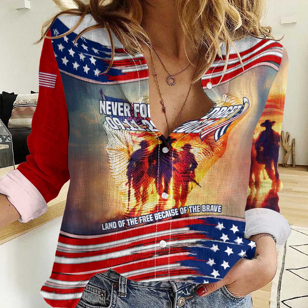911 Memorial Patriot Day Women Casual Shirt American Flag and Soldier Tribute Never Forget - Wonder Print Shop