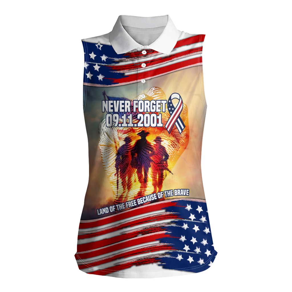 911 Memorial Patriot Day Women Sleeveless Polo Shirt American Flag and Soldier Tribute Never Forget - Wonder Print Shop