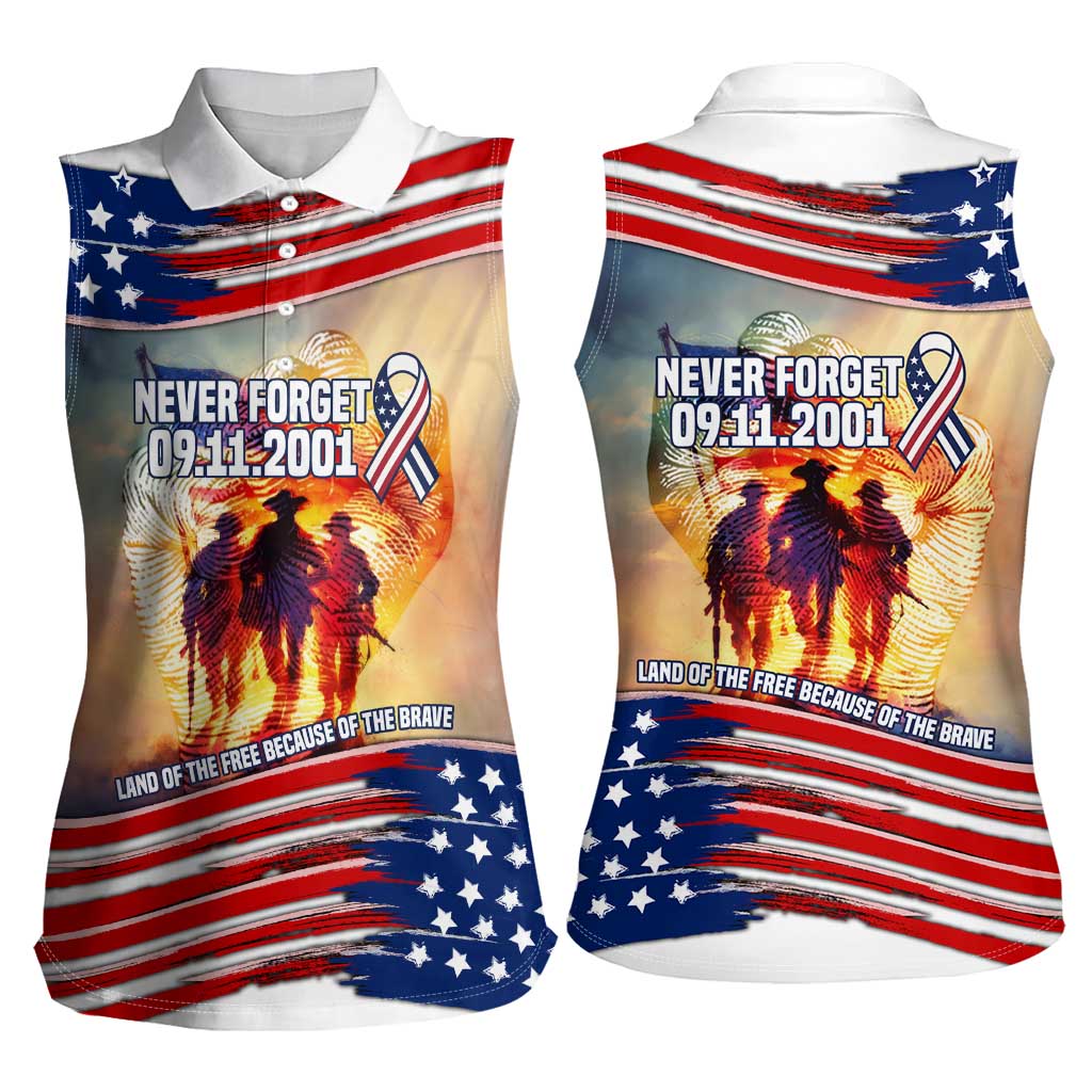 911 Memorial Patriot Day Women Sleeveless Polo Shirt American Flag and Soldier Tribute Never Forget - Wonder Print Shop