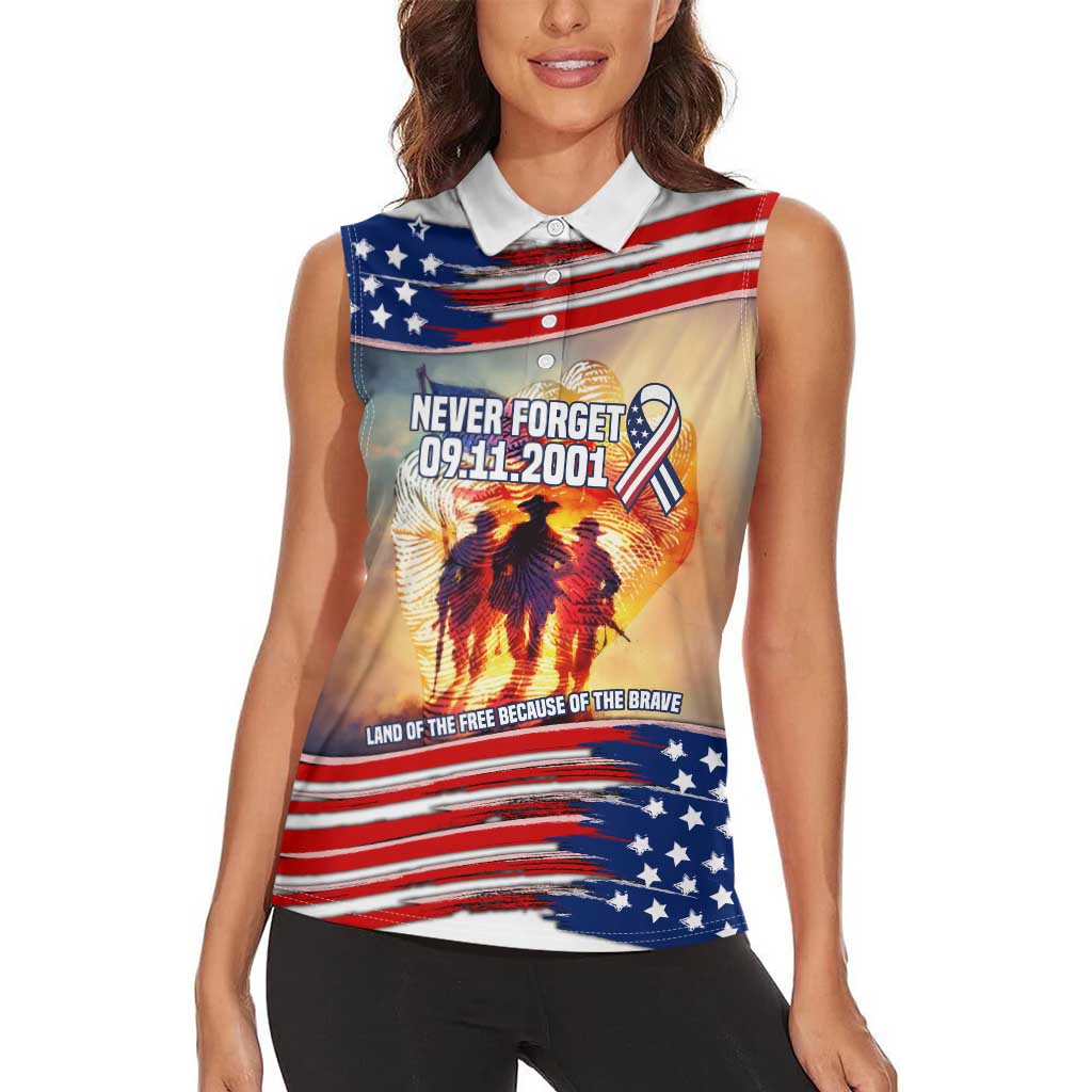 911 Memorial Patriot Day Women Sleeveless Polo Shirt American Flag and Soldier Tribute Never Forget - Wonder Print Shop