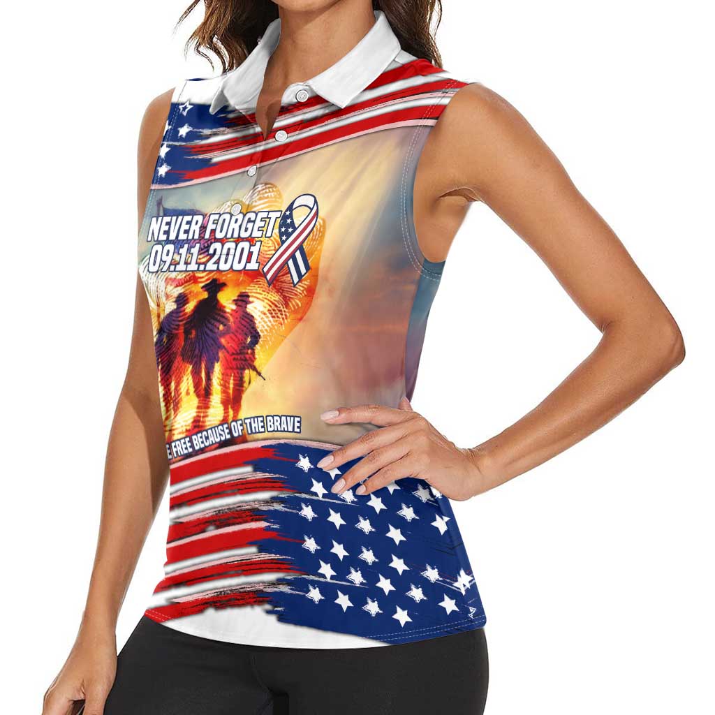 911 Memorial Patriot Day Women Sleeveless Polo Shirt American Flag and Soldier Tribute Never Forget - Wonder Print Shop