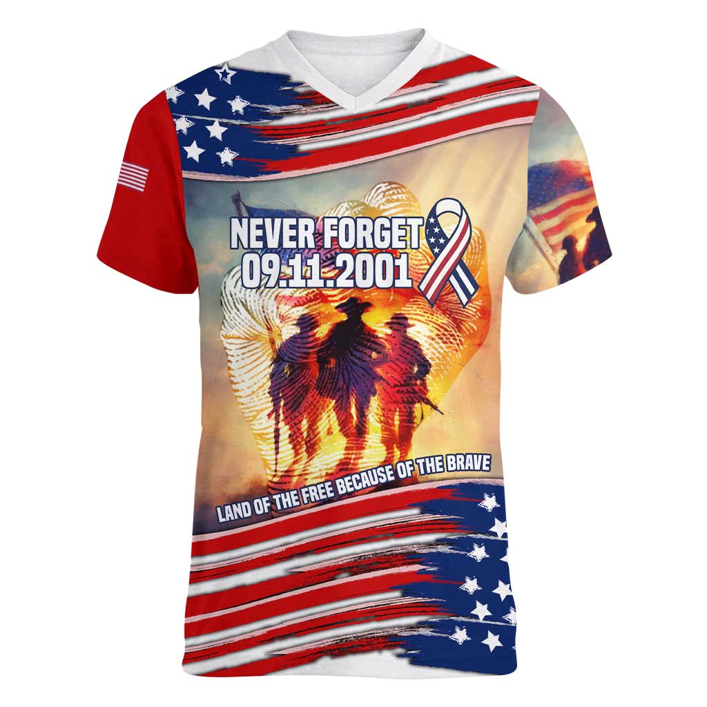 911 Memorial Patriot Day Women V-Neck T-Shirt American Flag and Soldier Tribute Never Forget - Wonder Print Shop
