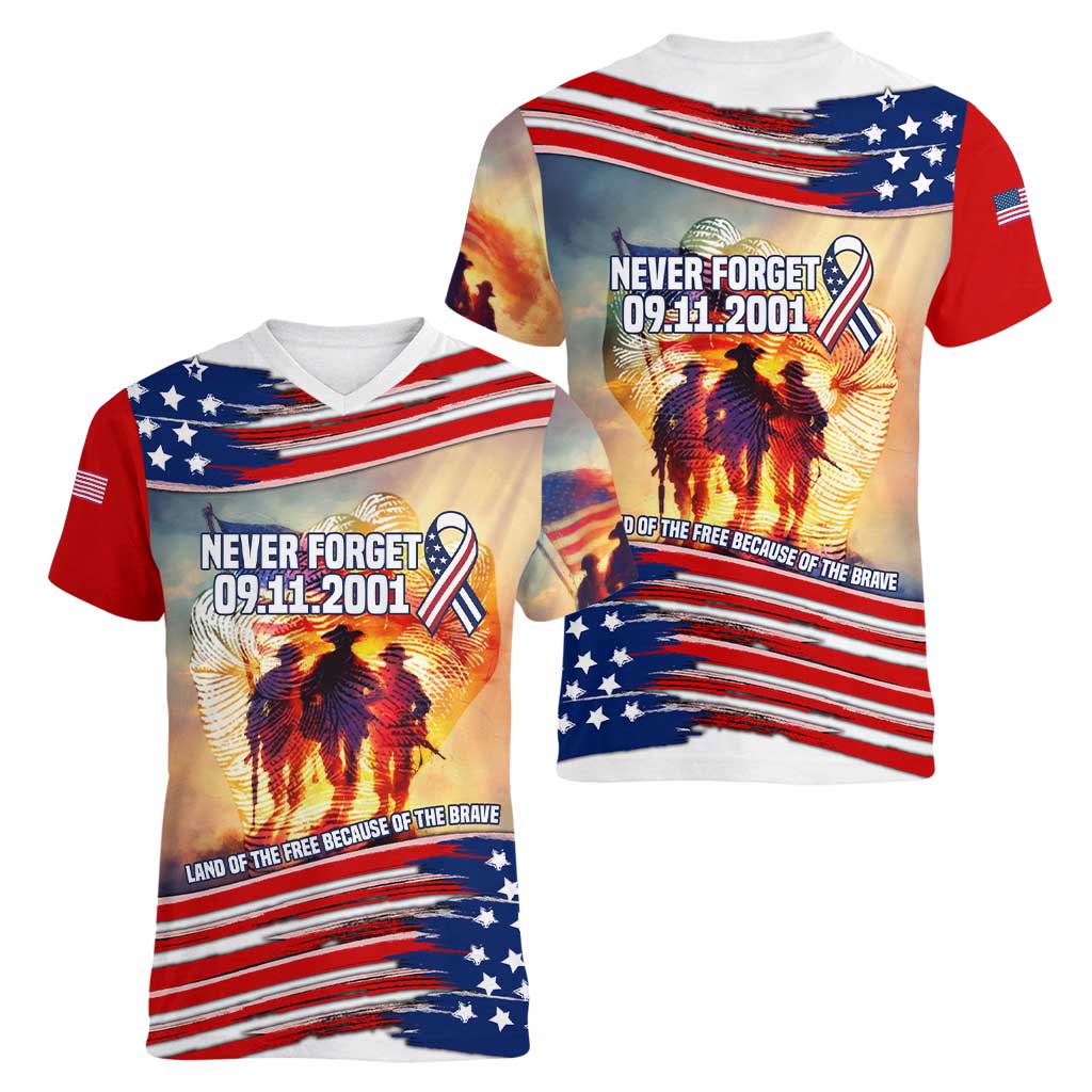 911 Memorial Patriot Day Women V-Neck T-Shirt American Flag and Soldier Tribute Never Forget - Wonder Print Shop