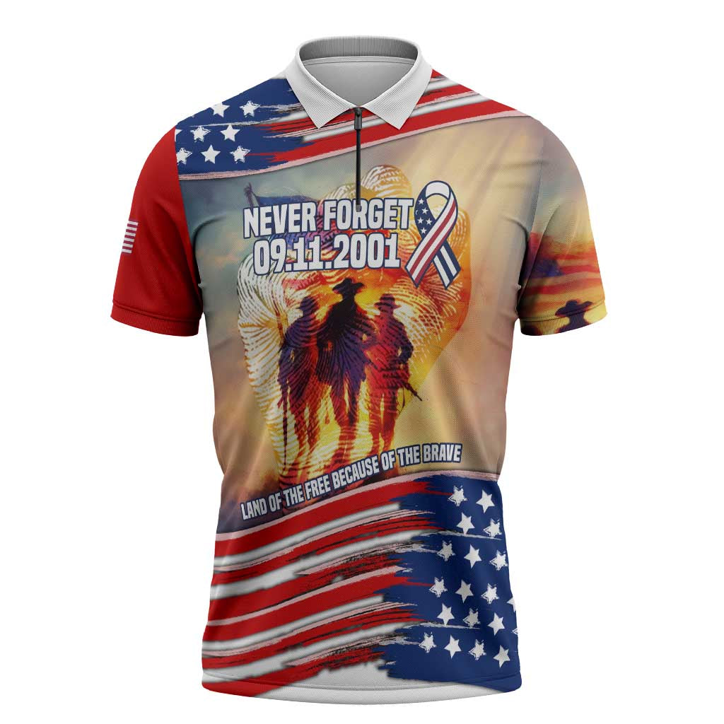 911 Memorial Patriot Day Zipper Polo Shirt American Flag and Soldier Tribute Never Forget - Wonder Print Shop