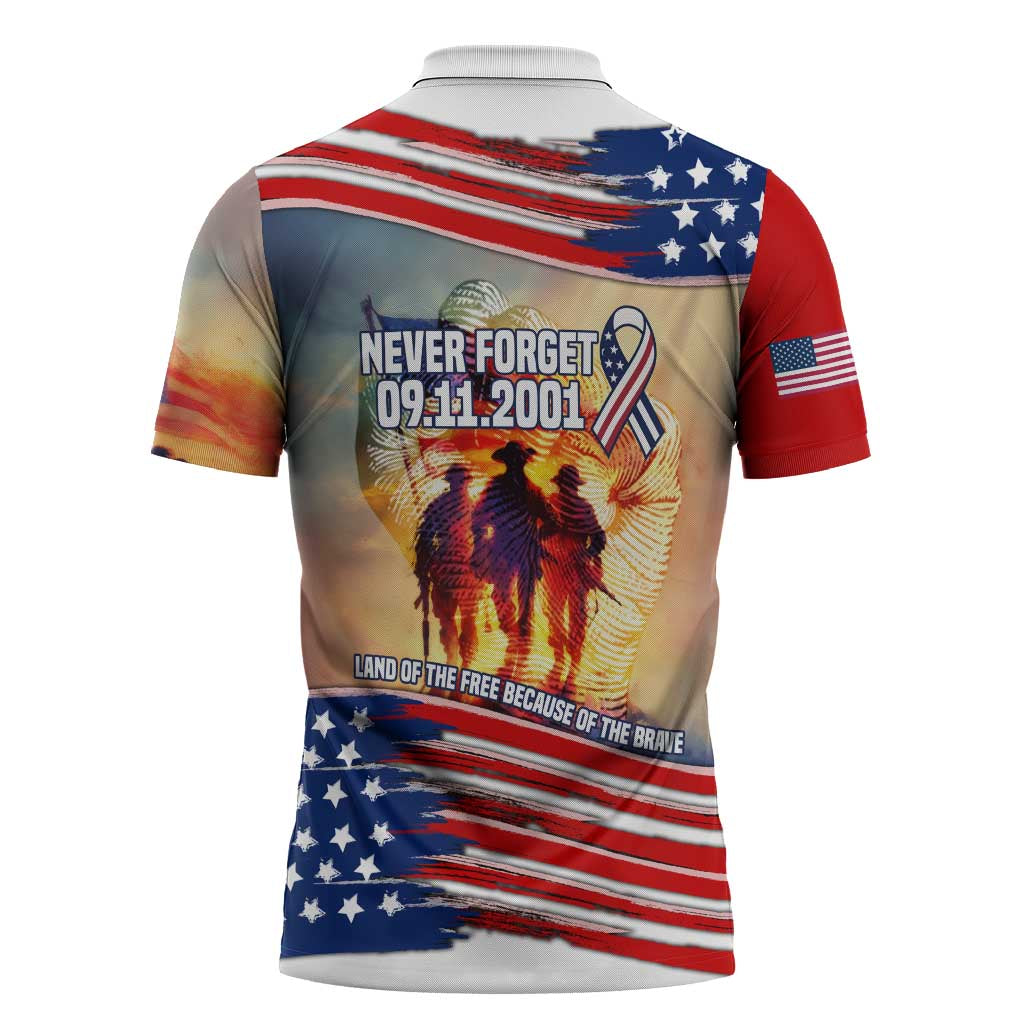 911 Memorial Patriot Day Zipper Polo Shirt American Flag and Soldier Tribute Never Forget - Wonder Print Shop
