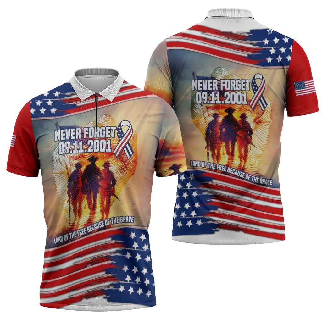 911 Memorial Patriot Day Zipper Polo Shirt American Flag and Soldier Tribute Never Forget - Wonder Print Shop