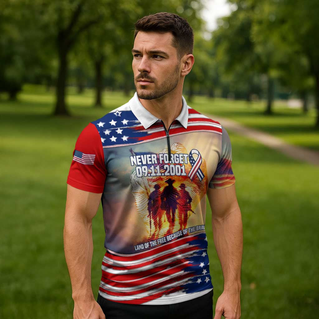 911 Memorial Patriot Day Zipper Polo Shirt American Flag and Soldier Tribute Never Forget - Wonder Print Shop