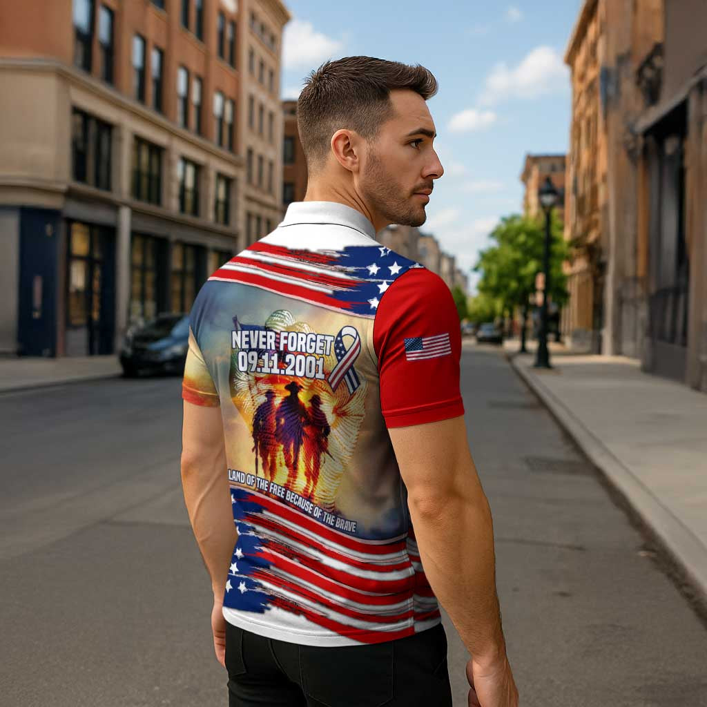 911 Memorial Patriot Day Zipper Polo Shirt American Flag and Soldier Tribute Never Forget - Wonder Print Shop