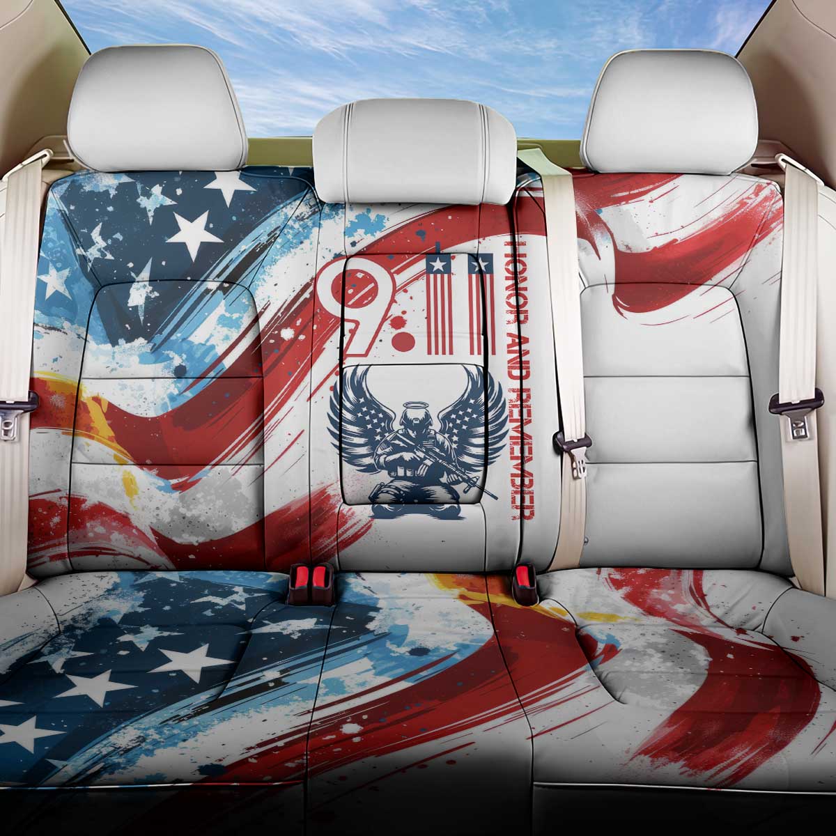 Patriot Day 911 Memorial Back Car Seat Cover American Flag and Angel Soldier Honor and Remember - Wonder Print Shop