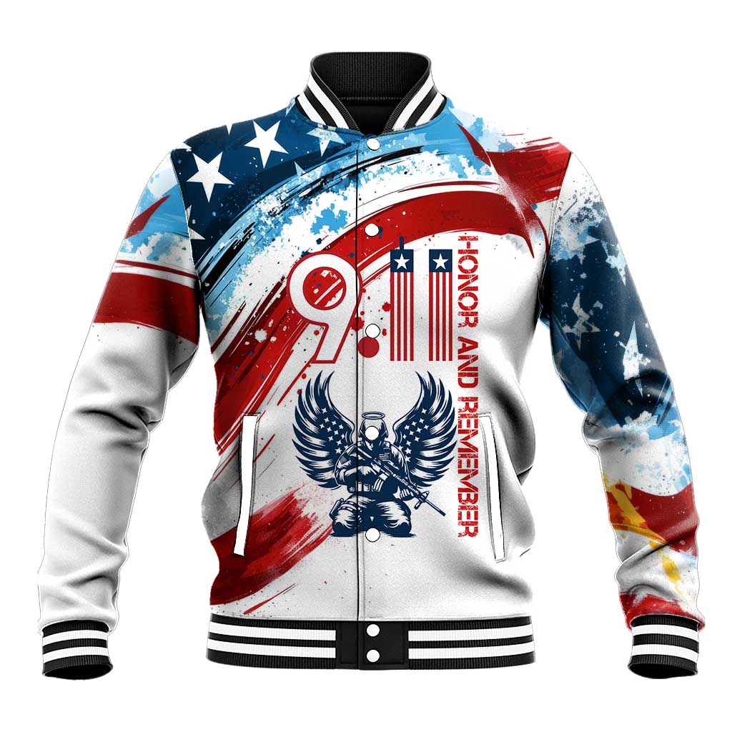 Patriot Day 911 Memorial Baseball Jacket American Flag and Angel Soldier Honor and Remember - Wonder Print Shop