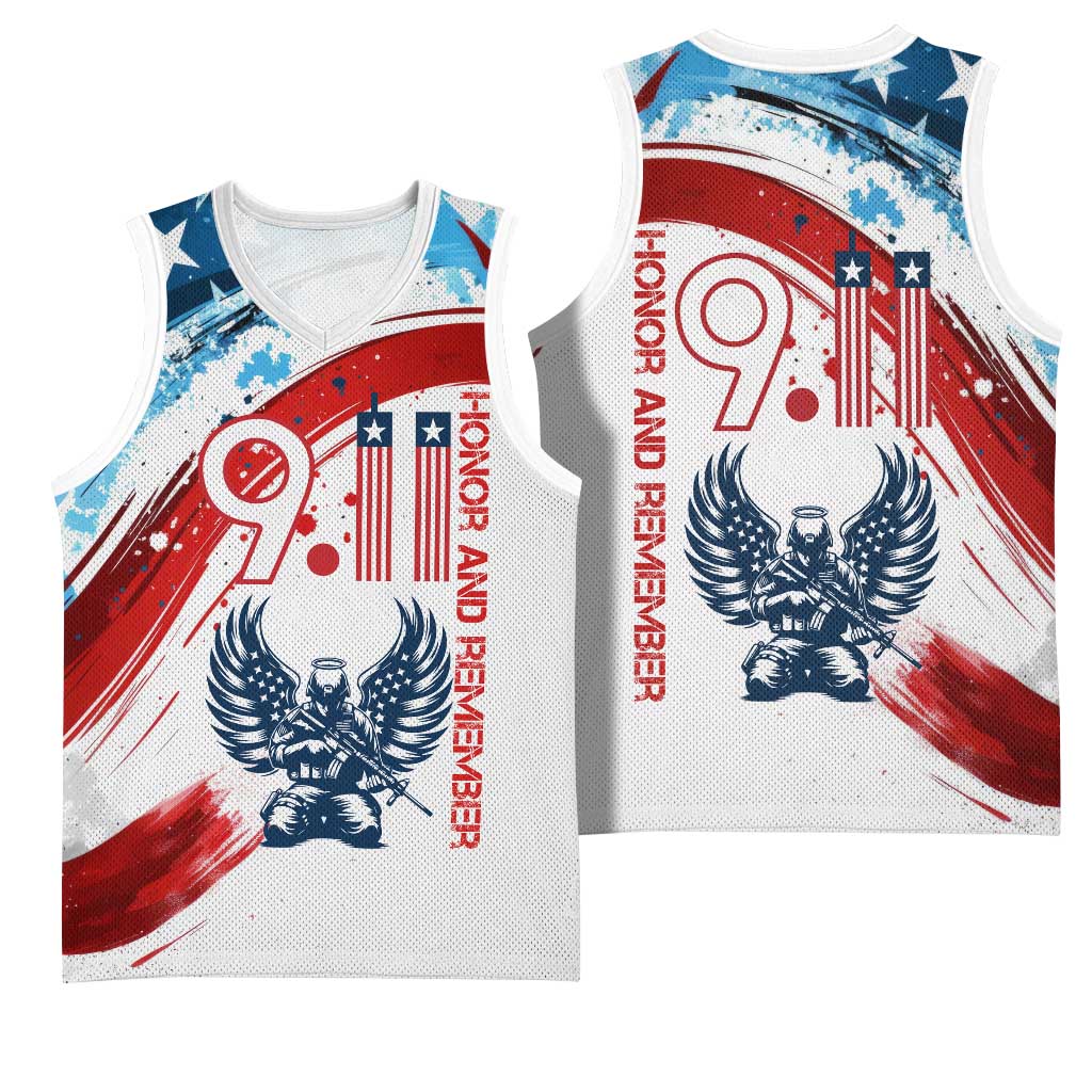 Patriot Day 911 Memorial Basketball Jersey American Flag and Angel Soldier Honor and Remember - Wonder Print Shop