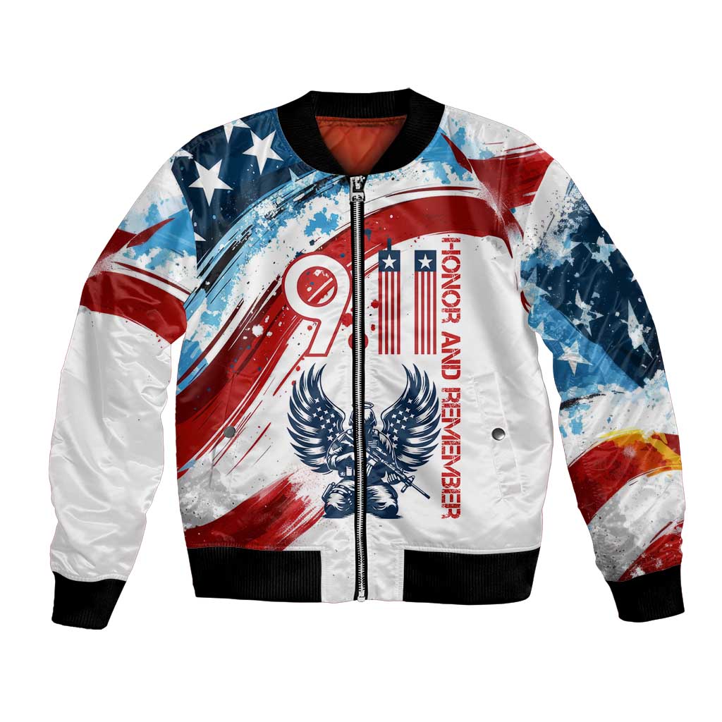 Patriot Day 911 Memorial Bomber Jacket American Flag and Angel Soldier Honor and Remember - Wonder Print Shop