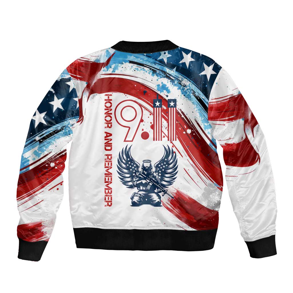 Patriot Day 911 Memorial Bomber Jacket American Flag and Angel Soldier Honor and Remember - Wonder Print Shop