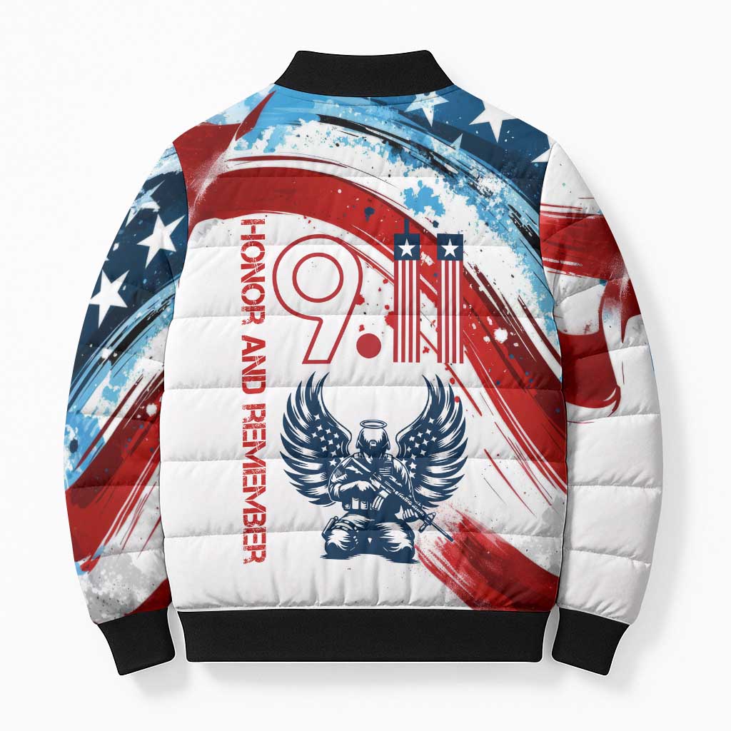 Patriot Day 911 Memorial Bomber Puffer Jacket American Flag and Angel Soldier Honor and Remember - Wonder Print Shop