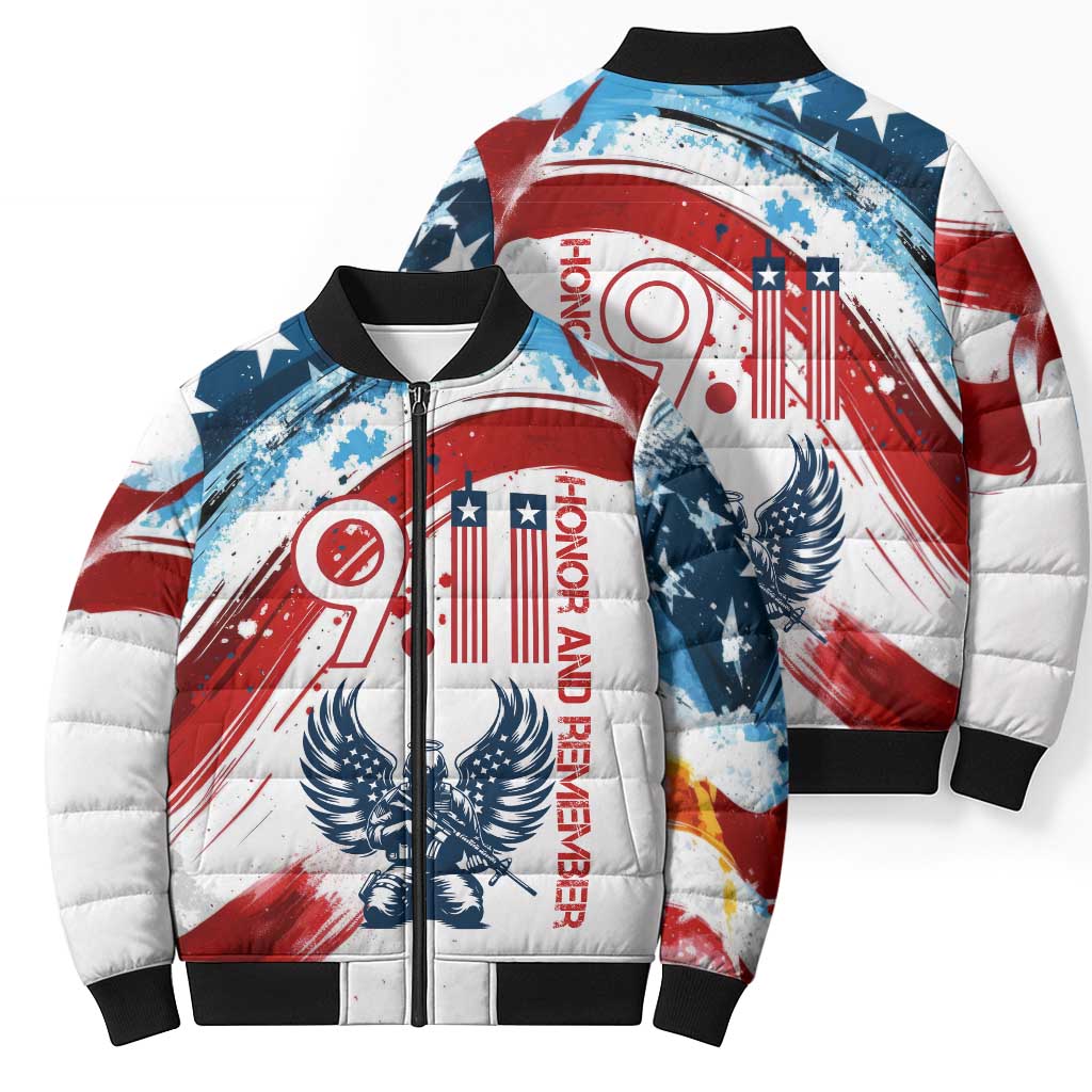 Patriot Day 911 Memorial Bomber Puffer Jacket American Flag and Angel Soldier Honor and Remember - Wonder Print Shop