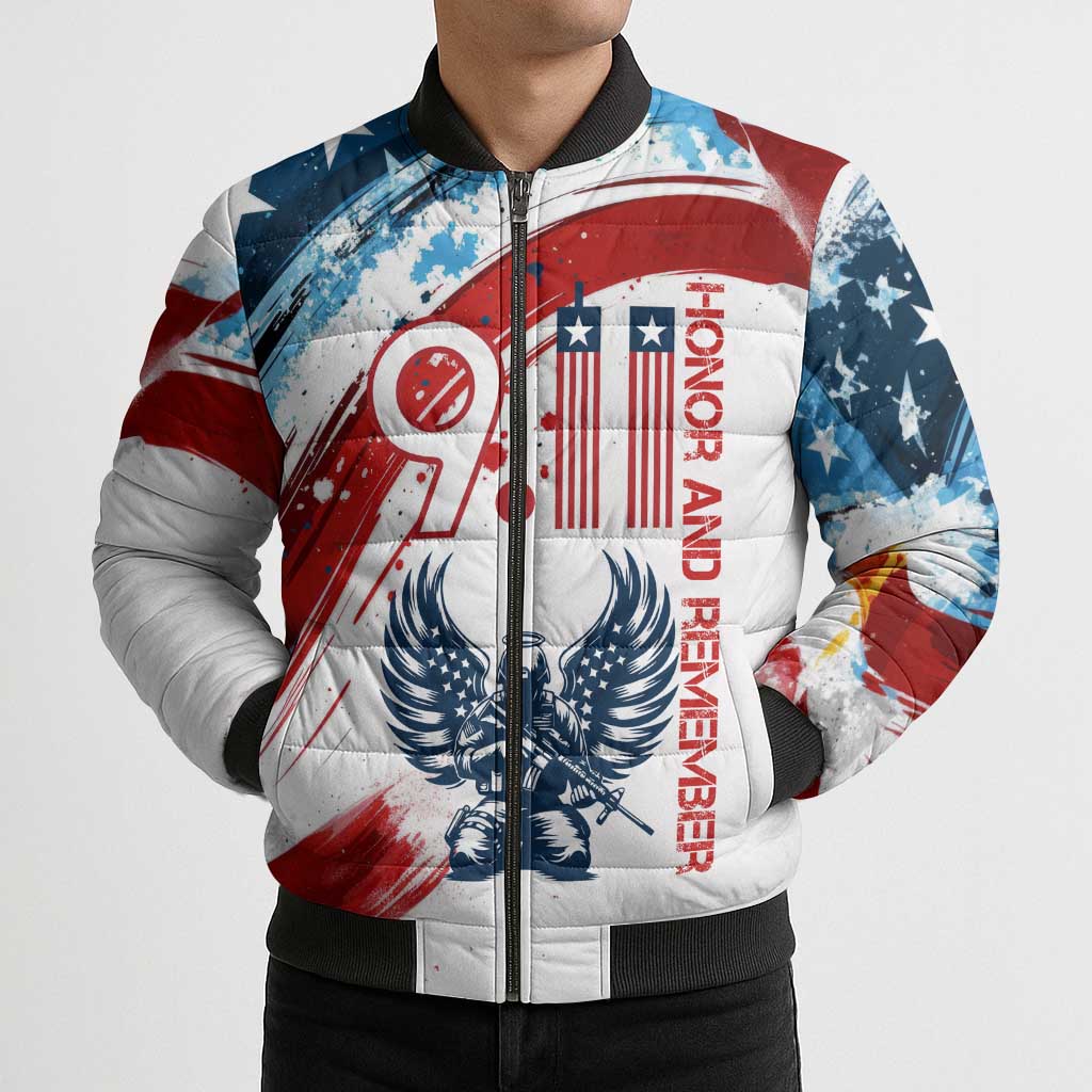 Patriot Day 911 Memorial Bomber Puffer Jacket American Flag and Angel Soldier Honor and Remember - Wonder Print Shop