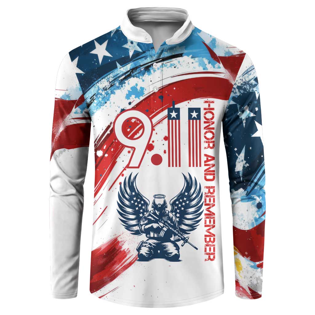 Patriot Day 911 Memorial Button Sweatshirt American Flag and Angel Soldier Honor and Remember - Wonder Print Shop