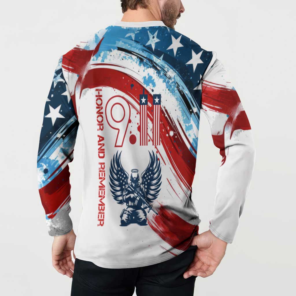 Patriot Day 911 Memorial Button Sweatshirt American Flag and Angel Soldier Honor and Remember - Wonder Print Shop