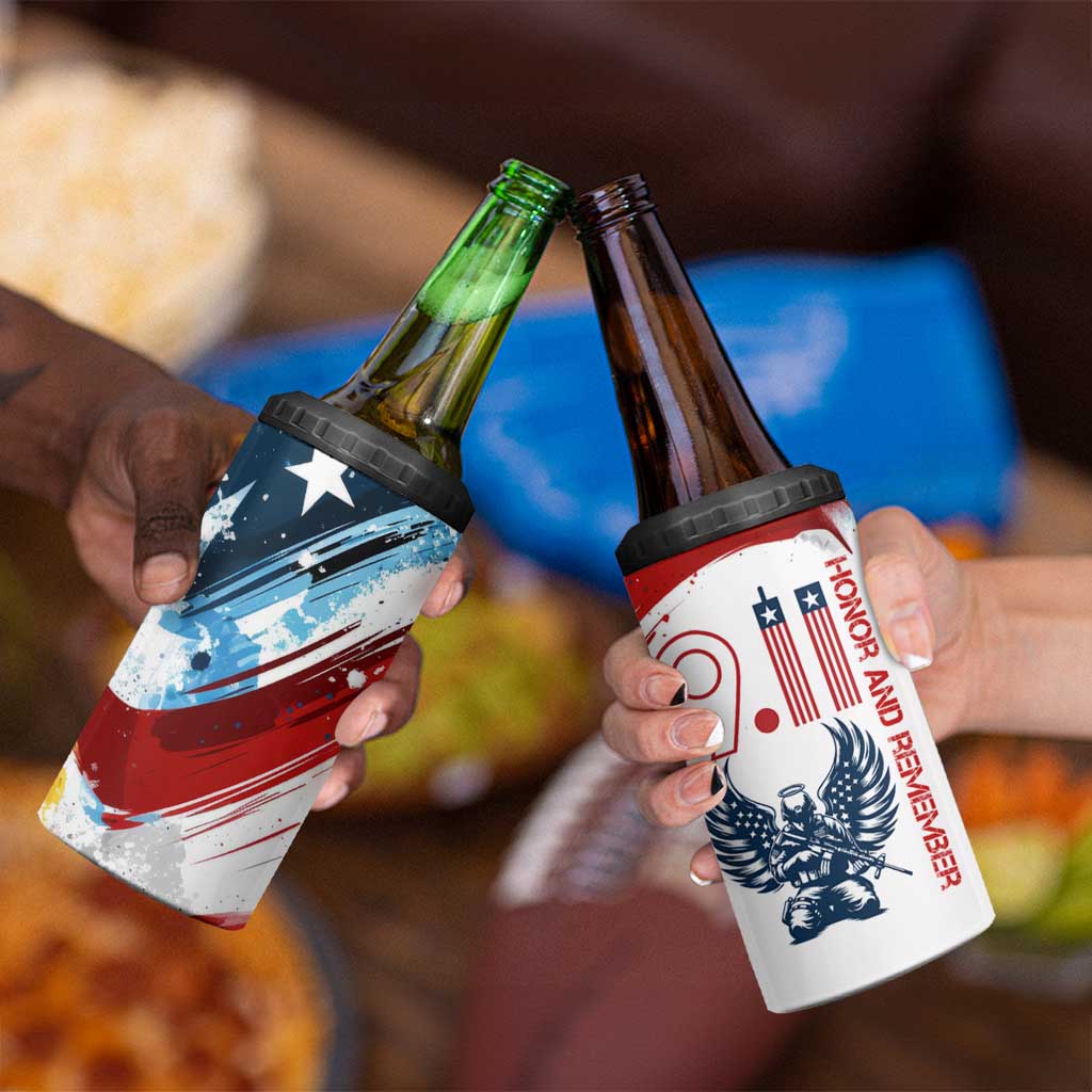 Patriot Day 911 Memorial 4 in 1 Can Cooler Tumbler American Flag and Angel Soldier Honor and Remember - Wonder Print Shop