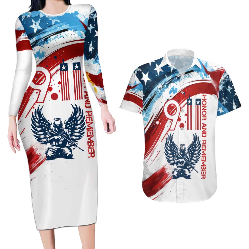 Patriot Day 911 Memorial Couples Matching Long Sleeve Bodycon Dress and Hawaiian Shirt American Flag and Angel Soldier Honor and Remember - Wonder Print Shop
