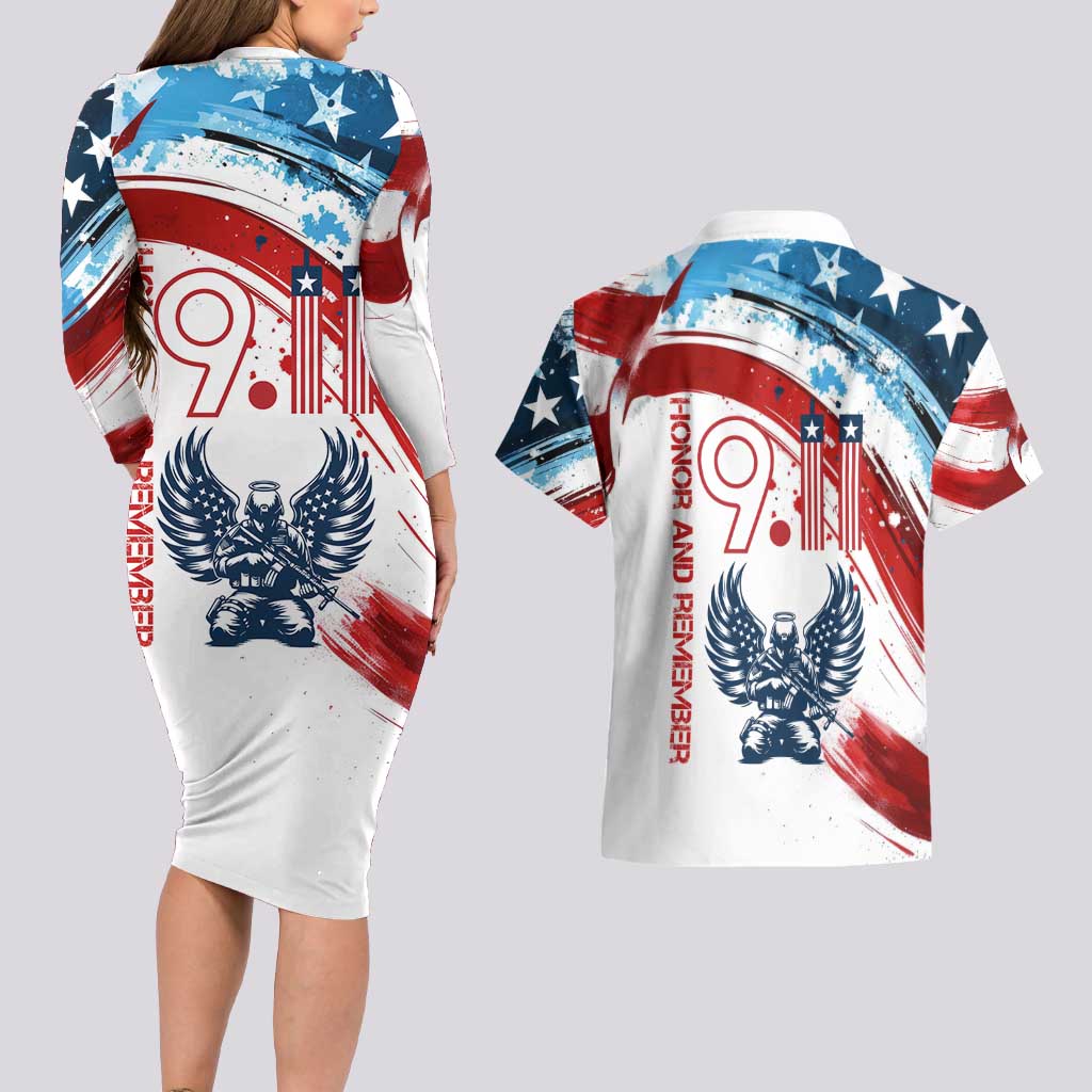 Patriot Day 911 Memorial Couples Matching Long Sleeve Bodycon Dress and Hawaiian Shirt American Flag and Angel Soldier Honor and Remember - Wonder Print Shop