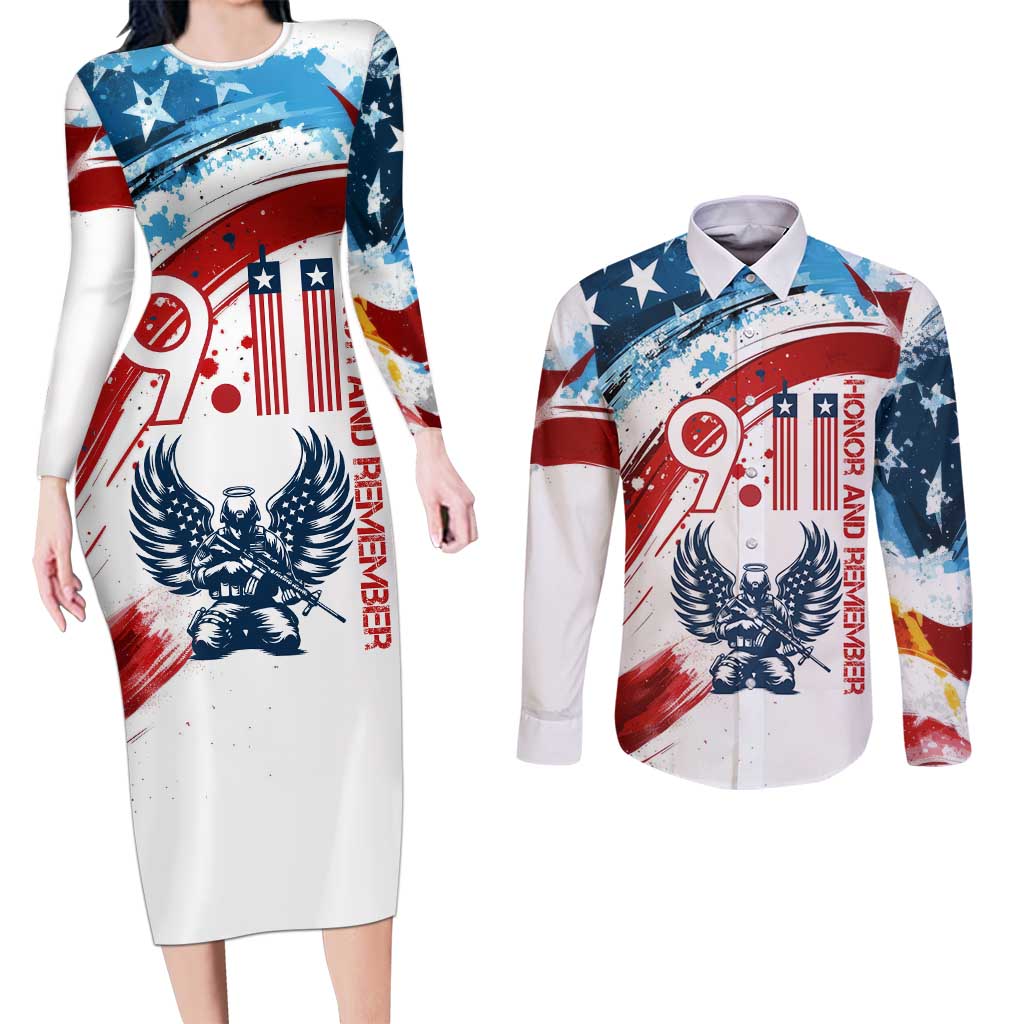 Patriot Day 911 Memorial Couples Matching Long Sleeve Bodycon Dress and Long Sleeve Button Shirt American Flag and Angel Soldier Honor and Remember - Wonder Print Shop