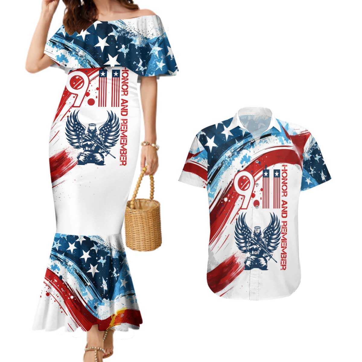 Patriot Day 911 Memorial Couples Matching Mermaid Dress and Hawaiian Shirt American Flag and Angel Soldier Honor and Remember - Wonder Print Shop