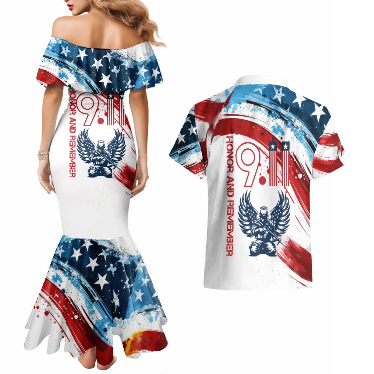 Patriot Day 911 Memorial Couples Matching Mermaid Dress and Hawaiian Shirt American Flag and Angel Soldier Honor and Remember - Wonder Print Shop