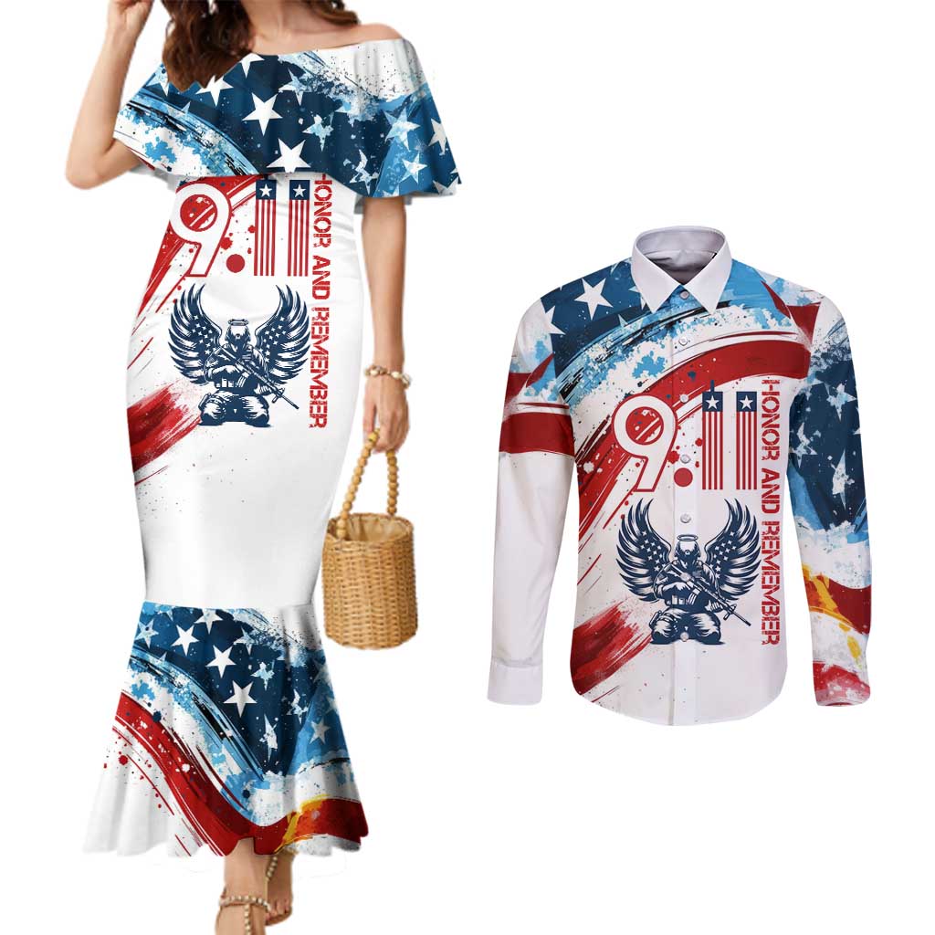Patriot Day 911 Memorial Couples Matching Mermaid Dress and Long Sleeve Button Shirt American Flag and Angel Soldier Honor and Remember - Wonder Print Shop