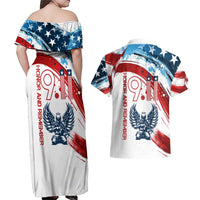 Patriot Day 911 Memorial Couples Matching Off Shoulder Maxi Dress and Hawaiian Shirt American Flag and Angel Soldier Honor and Remember - Wonder Print Shop