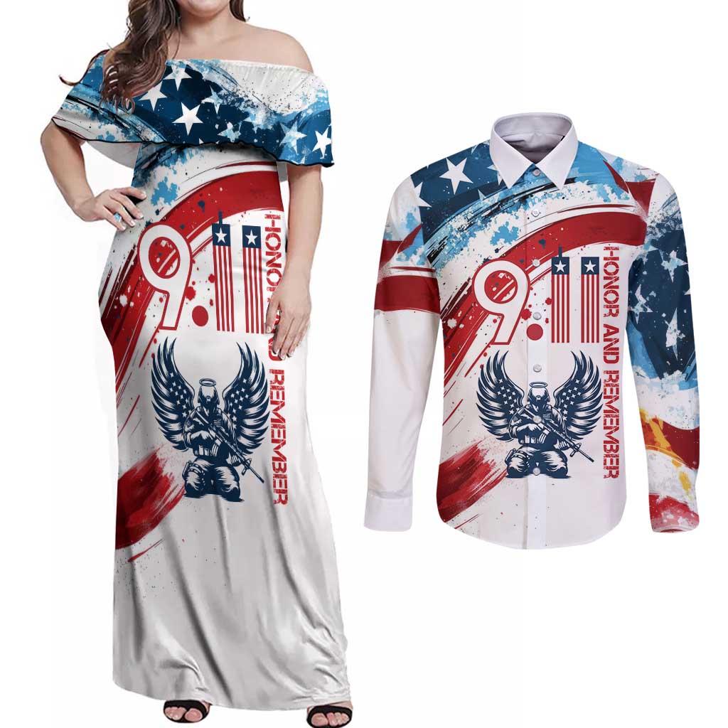 Patriot Day 911 Memorial Couples Matching Off Shoulder Maxi Dress and Long Sleeve Button Shirt American Flag and Angel Soldier Honor and Remember - Wonder Print Shop
