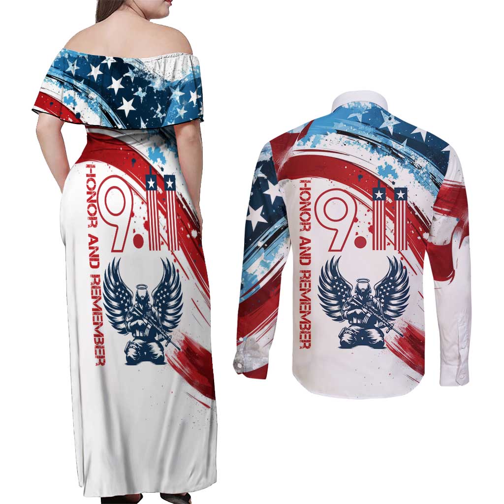 Patriot Day 911 Memorial Couples Matching Off Shoulder Maxi Dress and Long Sleeve Button Shirt American Flag and Angel Soldier Honor and Remember - Wonder Print Shop