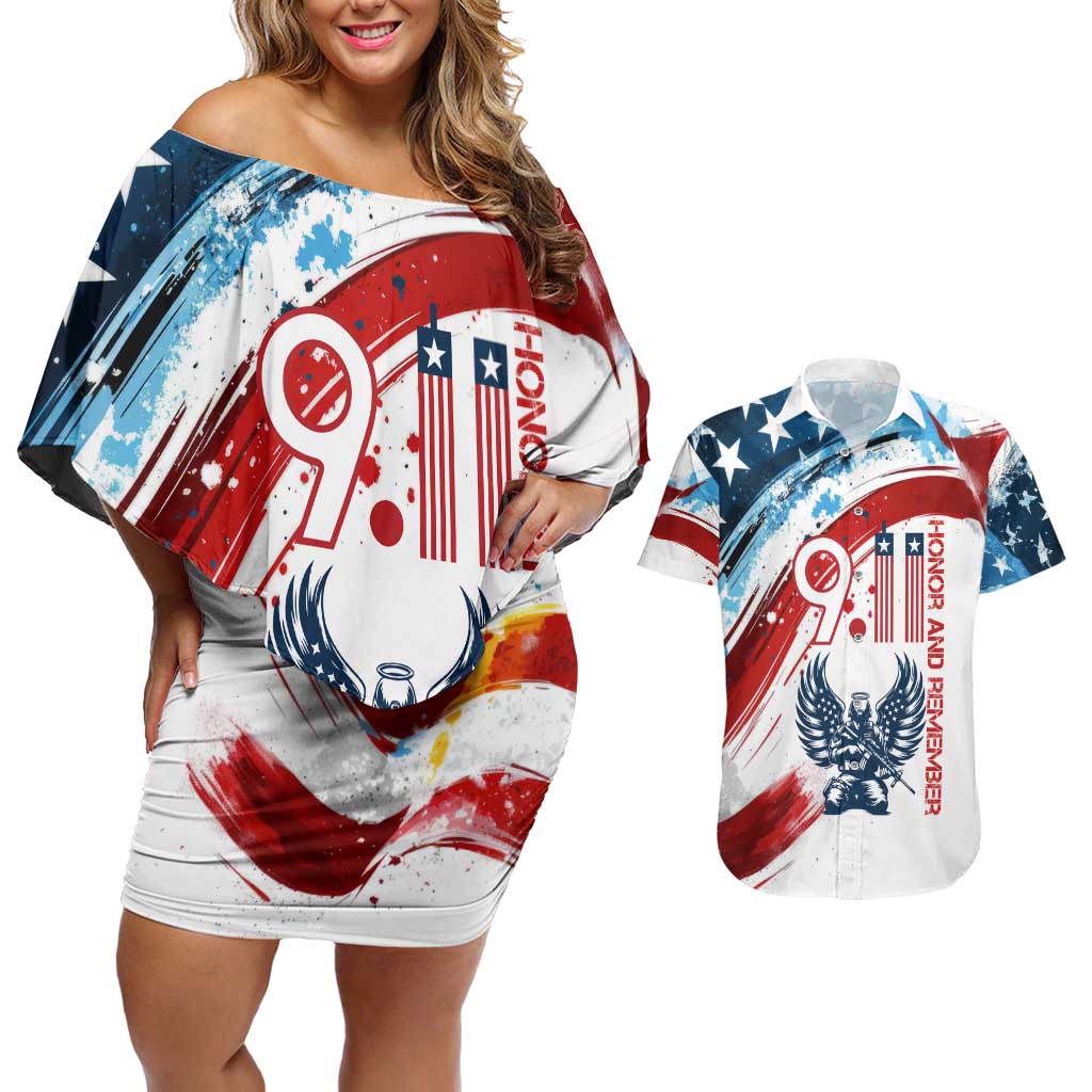 Patriot Day 911 Memorial Couples Matching Off Shoulder Short Dress and Hawaiian Shirt American Flag and Angel Soldier Honor and Remember - Wonder Print Shop