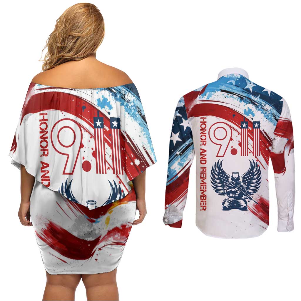 Patriot Day 911 Memorial Couples Matching Off Shoulder Short Dress and Long Sleeve Button Shirt American Flag and Angel Soldier Honor and Remember - Wonder Print Shop