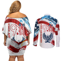 Patriot Day 911 Memorial Couples Matching Off Shoulder Short Dress and Long Sleeve Button Shirt American Flag and Angel Soldier Honor and Remember - Wonder Print Shop