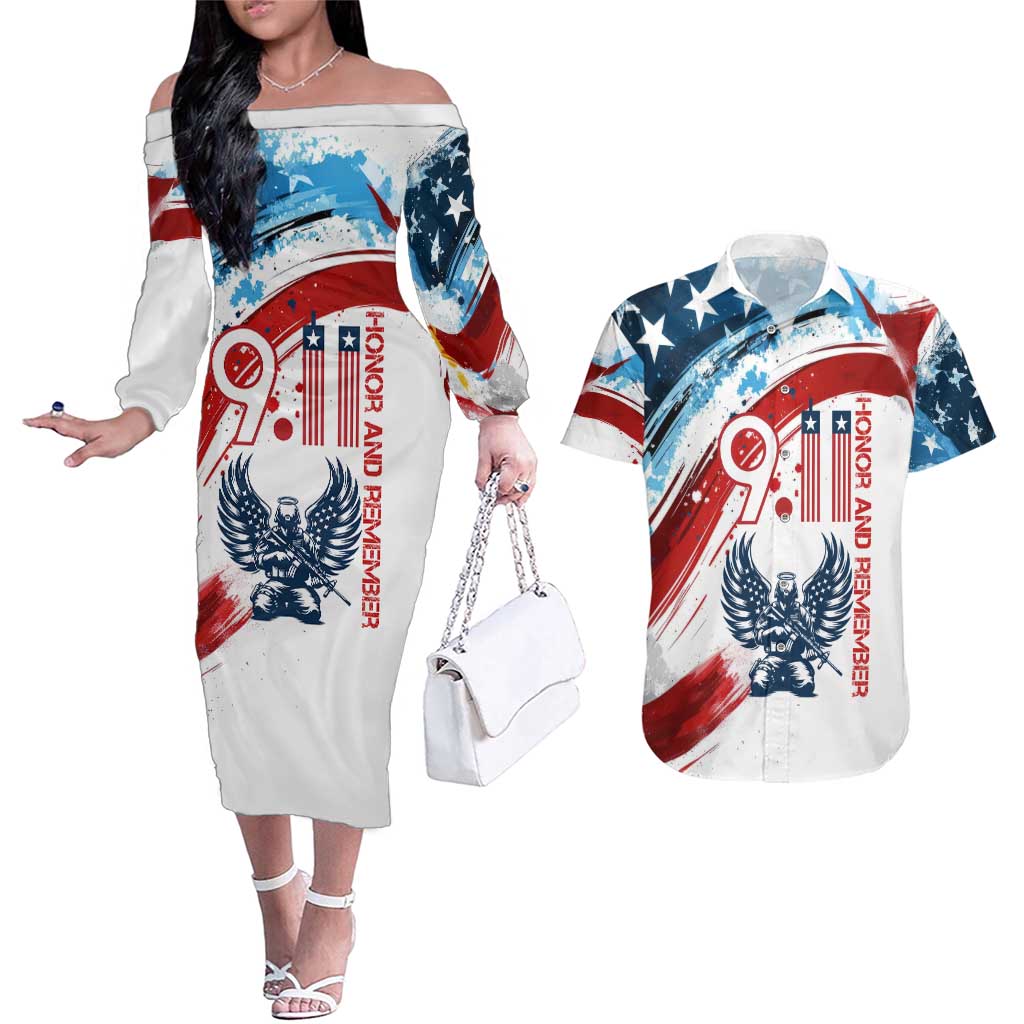 Patriot Day 911 Memorial Couples Matching Off The Shoulder Long Sleeve Dress and Hawaiian Shirt American Flag and Angel Soldier Honor and Remember - Wonder Print Shop