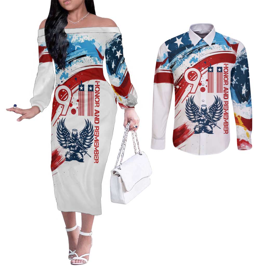 Patriot Day 911 Memorial Couples Matching Off The Shoulder Long Sleeve Dress and Long Sleeve Button Shirt American Flag and Angel Soldier Honor and Remember - Wonder Print Shop
