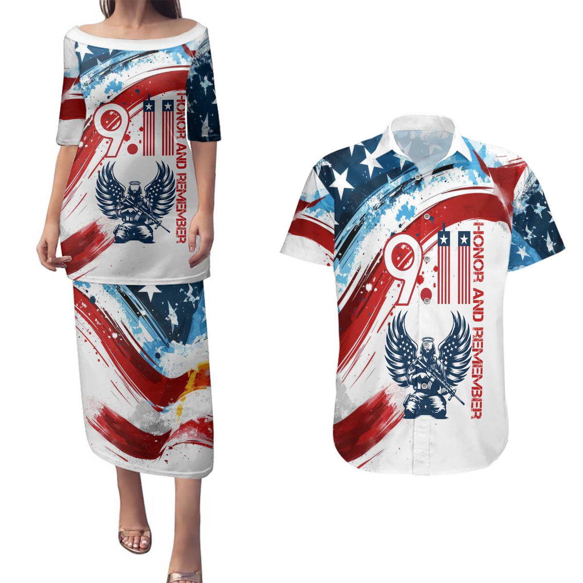 Patriot Day 911 Memorial Couples Matching Puletasi and Hawaiian Shirt American Flag and Angel Soldier Honor and Remember - Wonder Print Shop