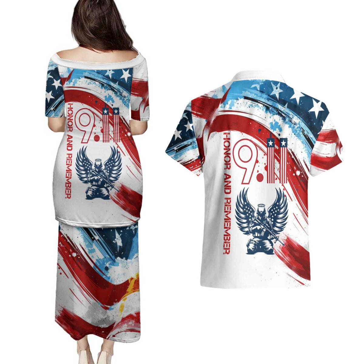 Patriot Day 911 Memorial Couples Matching Puletasi and Hawaiian Shirt American Flag and Angel Soldier Honor and Remember - Wonder Print Shop