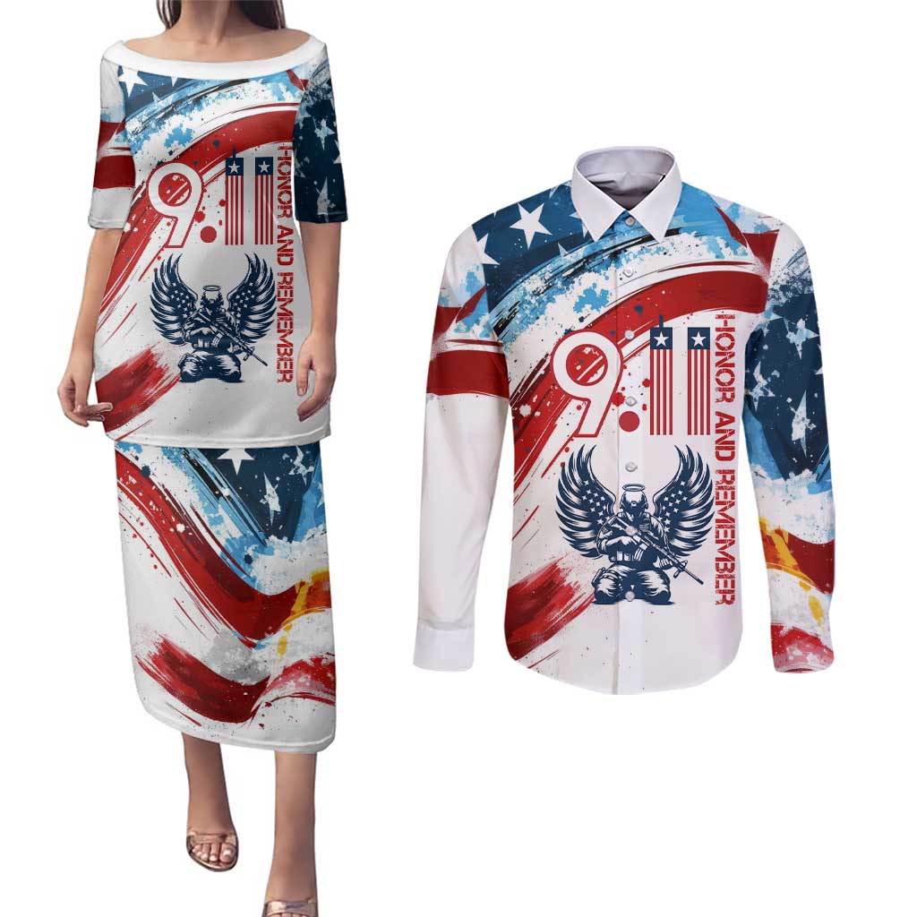Patriot Day 911 Memorial Couples Matching Puletasi and Long Sleeve Button Shirt American Flag and Angel Soldier Honor and Remember - Wonder Print Shop
