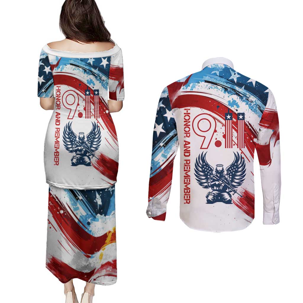 Patriot Day 911 Memorial Couples Matching Puletasi and Long Sleeve Button Shirt American Flag and Angel Soldier Honor and Remember - Wonder Print Shop