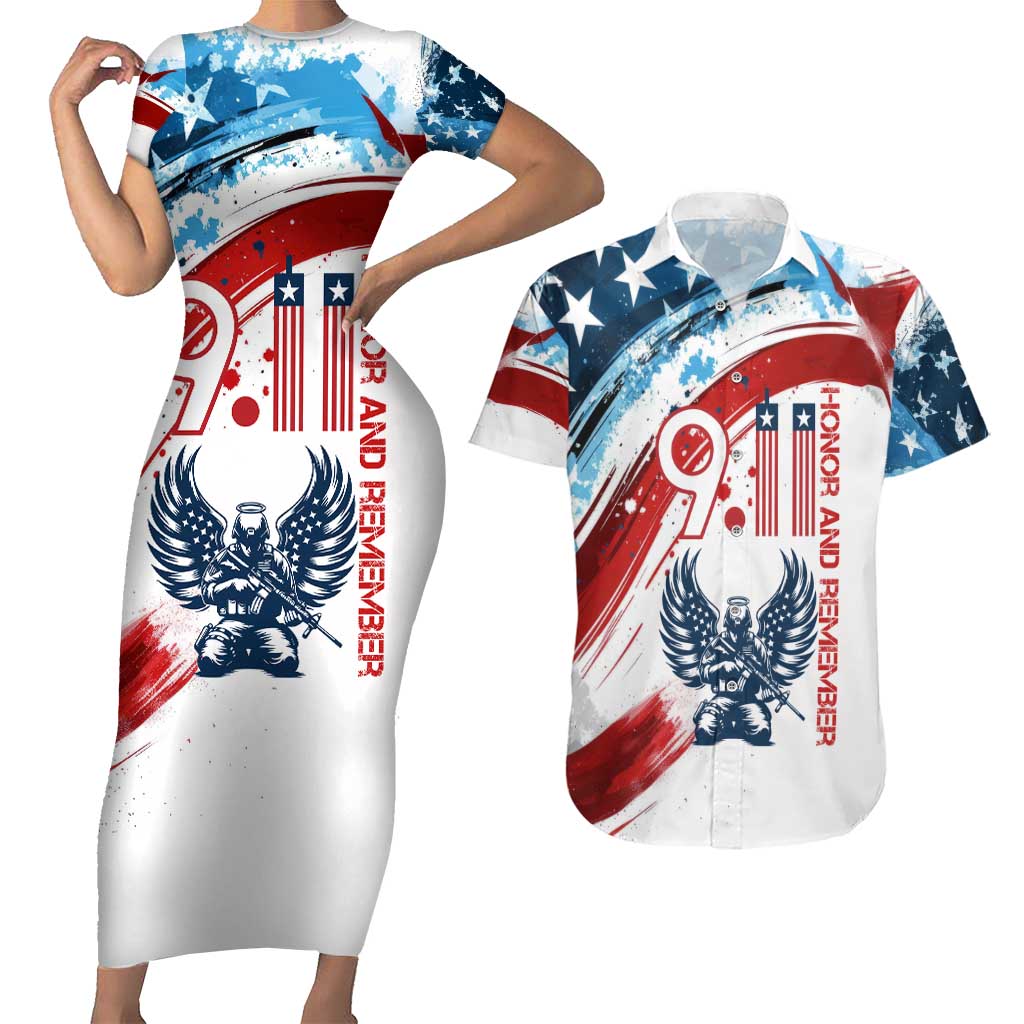 Patriot Day 911 Memorial Couples Matching Short Sleeve Bodycon Dress and Hawaiian Shirt American Flag and Angel Soldier Honor and Remember - Wonder Print Shop